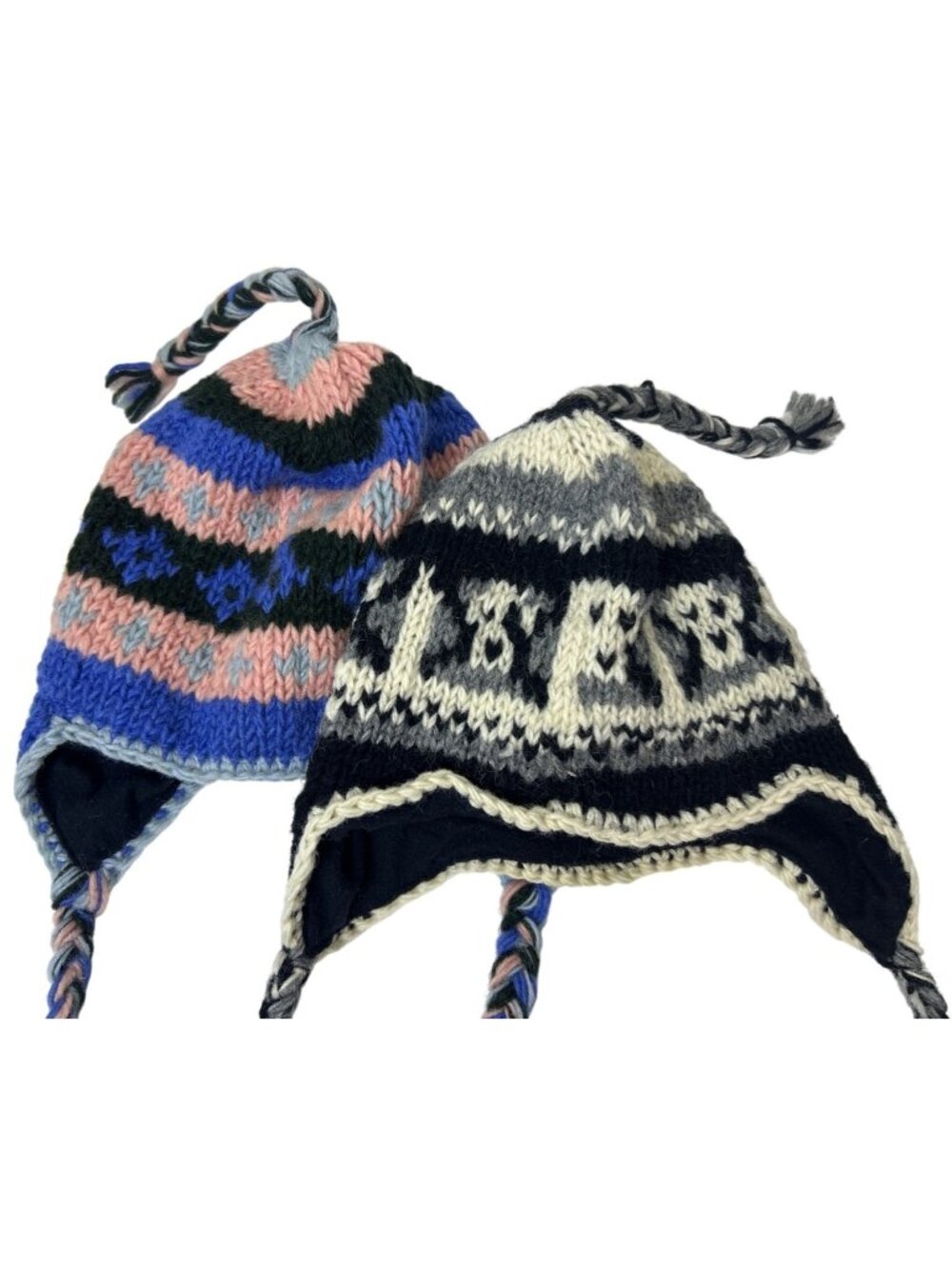 Hand Knit Earflap Hats Lot of 2 Nepal Wool Beanies Black White Unisex Winter
